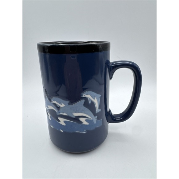 Vtg 70s Otagiri Coffee Mug Cup Blue Dolphins Riding Waves Coastal Nautical Large - Picture 4 of 8